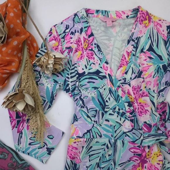 Lilly Pulitzer Blue Pink Floral Wrap Dress Sz Xs - Picture 3 of 11